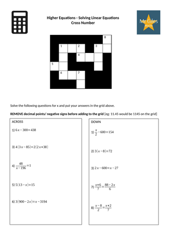 Higher Equations - Solving Linear Equations Cross Number