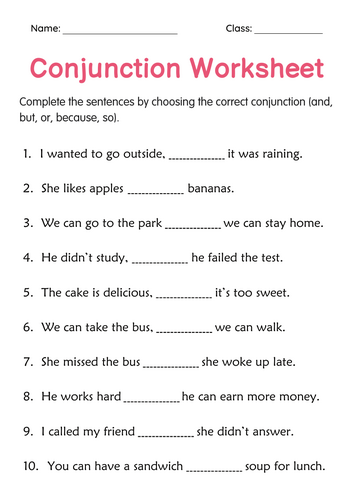 Conjunction Grammar Worksheets for Grade 1, 2, 3