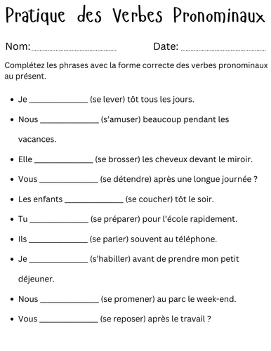 Pratique des Verbes Pronominaux - pronominal verbs in french exercises worksheet