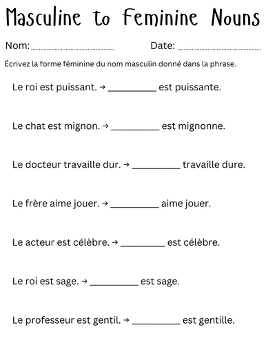 Masculine to Feminine Nouns - change masculine to feminine in french exercises