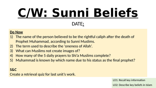 Sunni beliefs lesson KS3 KS4 RE