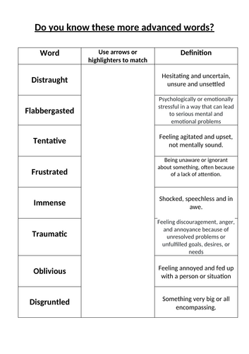 Vocabulary match up starters