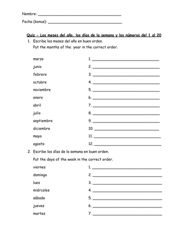 SPANISH - Quiz months of the year, days of the week, numbers 1 to 20