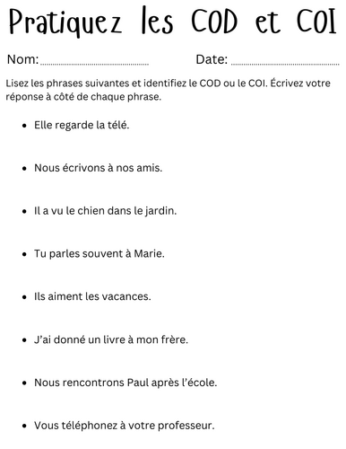 Pratiquez les COD et COI - cod and coi in french exercises worksheet