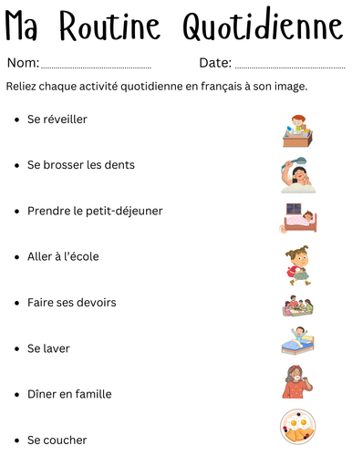 Ma Routine Quotidienne - daily routine in french exercises worksheet