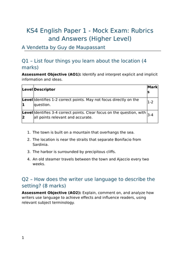 KS4 English Paper 1 - Mock Exam: Readings and Questions / Rubrics and Answers (Higher Level)