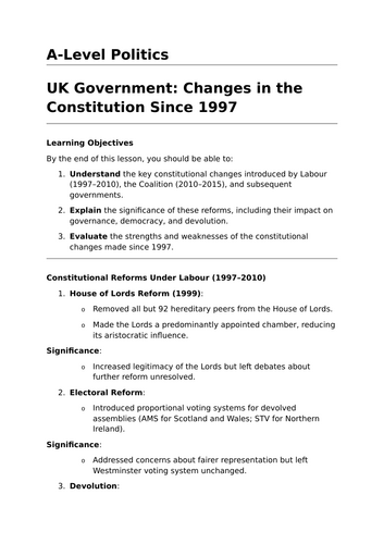 Changes in the Constitution since 1997 - A-Level Politics