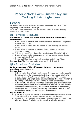 English Language Paper 2 Mock Readings and Questions with Answers and Rubrics