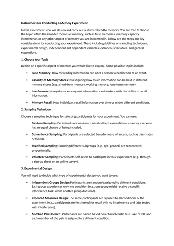 Instructions for conducting a memory experiment in Psychology