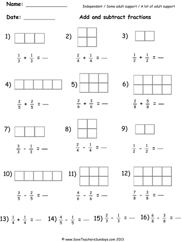 Adding and Subtracting Fractions Worksheets, Lesson Plans and Model (4 levels of difficulty)