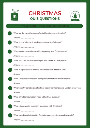 Christmas Trivia Quiz - Perfect Handout