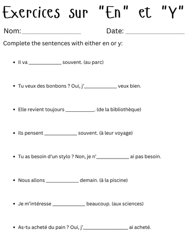 Exercices sur "En" et "Y" - en and y in french exercises worksheet