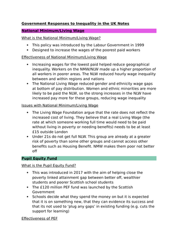 Higher Modern Studies Government Responses to Inequality in the UK Notes | Word Documents