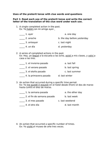 Uses of the preterit tense with clue words and questions