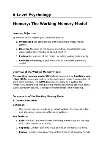 The Working Memory Model - A-Level Psychology Lesson