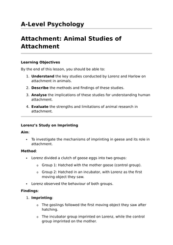 Animal Studies of Attachment - A-Level Psychology