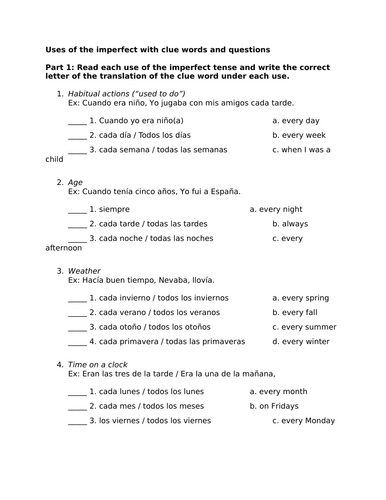 Uses of the imperfect with clue words and questions