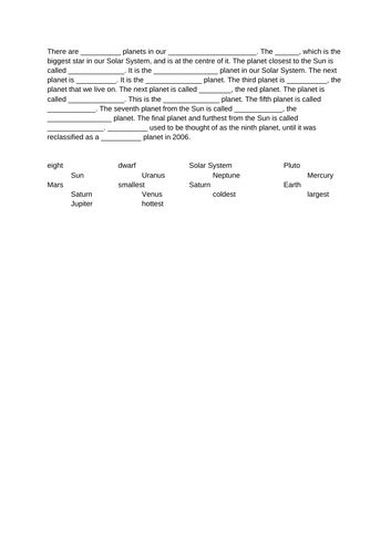 Planet cloze activity