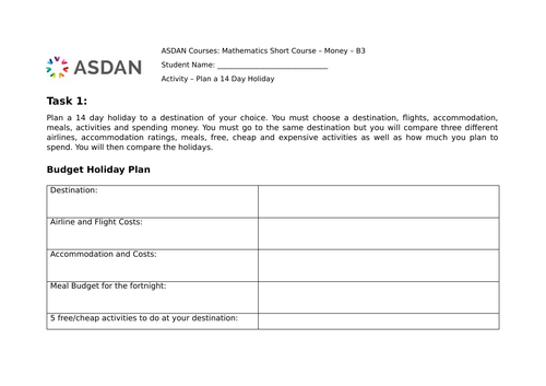 ASDAN Maths - Money Module - Task B3