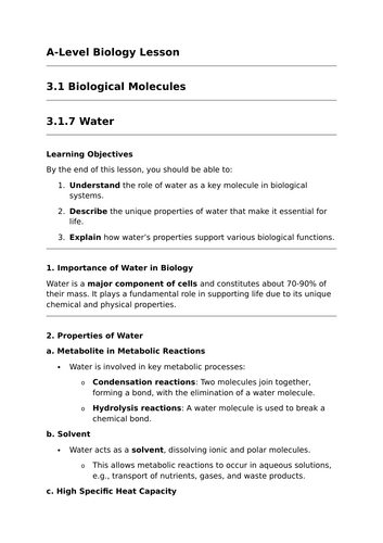 Water - A-Level Biology Lesson