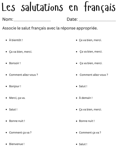 Les salutations en français - beginner french greetings worksheet