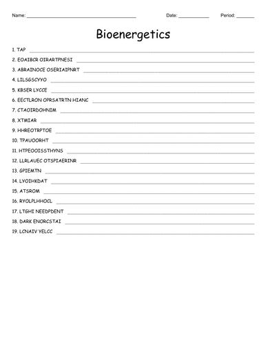 Bioenergetics Wordscramble