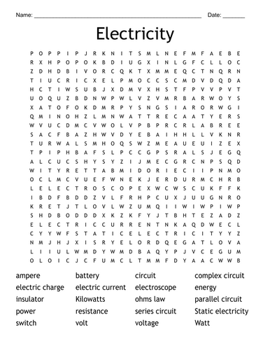 Electricity Wordsearch