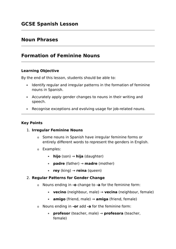 Formation of Feminine Nouns - GCSE Spanish Grammar Lesson | Teaching ...