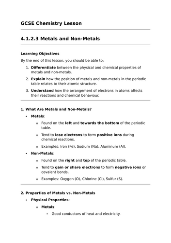 Metals and non-Metals - GCSE Chemistry Lesson