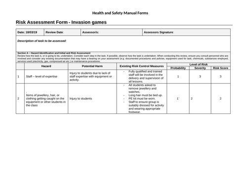 Invasion Games Risk Assessment