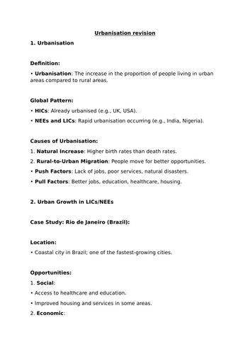 GCSE geography urbanisation revision booklet