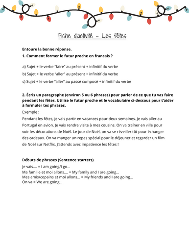 French writing activity - Les fêtes (The Holidays)