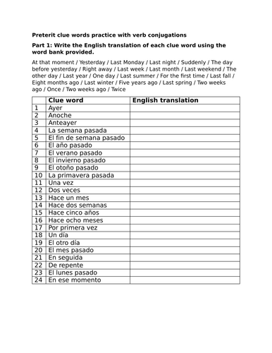 Preterit clue words practice with verb conjugations