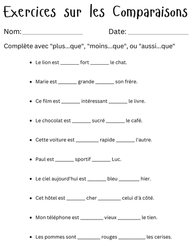 Exercices sur les Comparaisons - la comparaison in french exercises