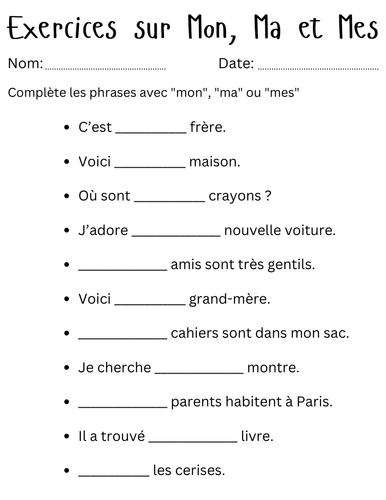 Exercices sur Mon, Ma et Mes in french exercises