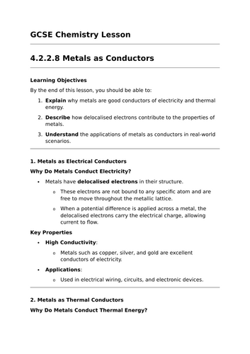 Metals as Conductors - GCSE Chemistry Lesson