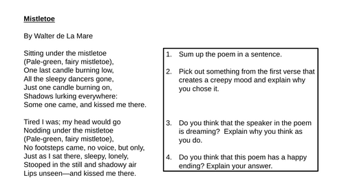 KS2, KS3 Christmas poem "Mistletoe" Walter de la Mare CRR Comprehension Cover HW