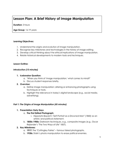 3hr Creative Media Lesson Plan: A Brief History of Image Manipulation