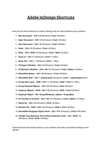 20x Adobe InDesign Shortcuts