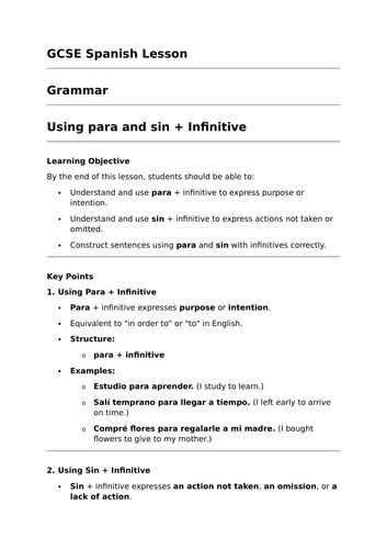 Using 'Para' and 'Sin' - GCSE Spanish Grammar Lesson