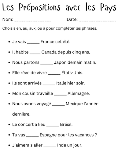 Les Prépositions avec les Pays - prepositions of countries in french exercises