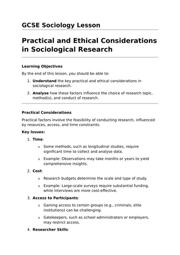 Practical and Ethical Considerations - GCSE Sociology Lesson