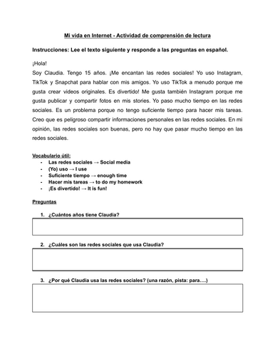 SPANISH Reading Comprehension worksheet - Mi vida en Internet (My life online)