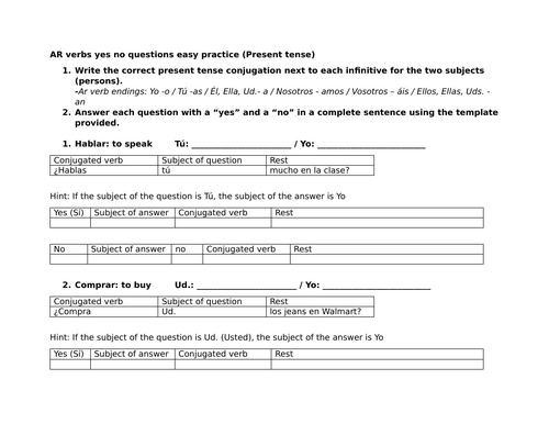 AR verbs yes no questions easy practice (Present tense)