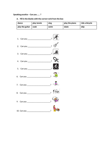 ESL 'Can you...?' speaking worksheet