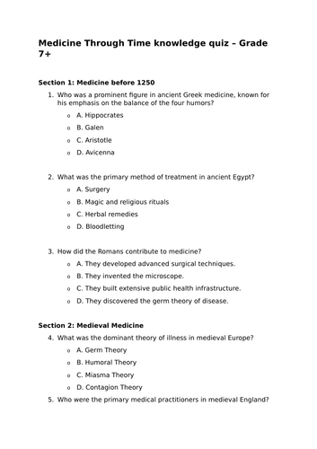 EDEXCEL GCSE Medicine Through Time Quiz - Grade 7+