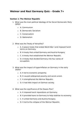 EDEXCEL GCSE Weimar and Nazi Germany Quiz – Grade 7+