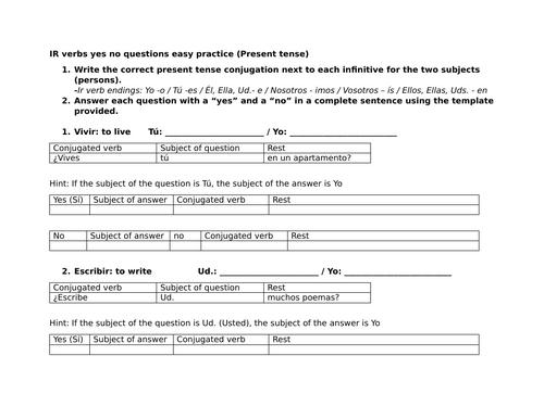 IR verbs yes no questions easy practice (Present tense)