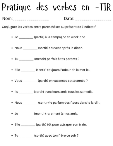 tir ending verbs in french exercises - Pratique des verbes en -TIR