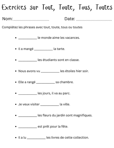 tout toute tous toutes in french exercises